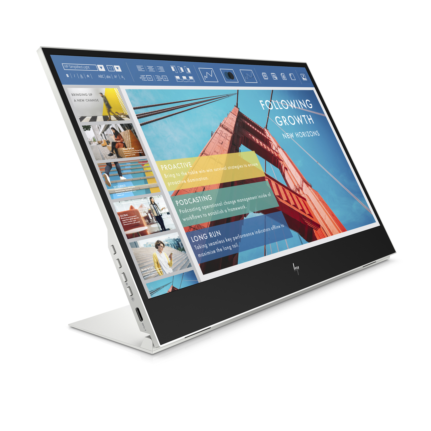 Laptop screen with a design, propped up at an angle. Text: Following Growth, New Horizons.