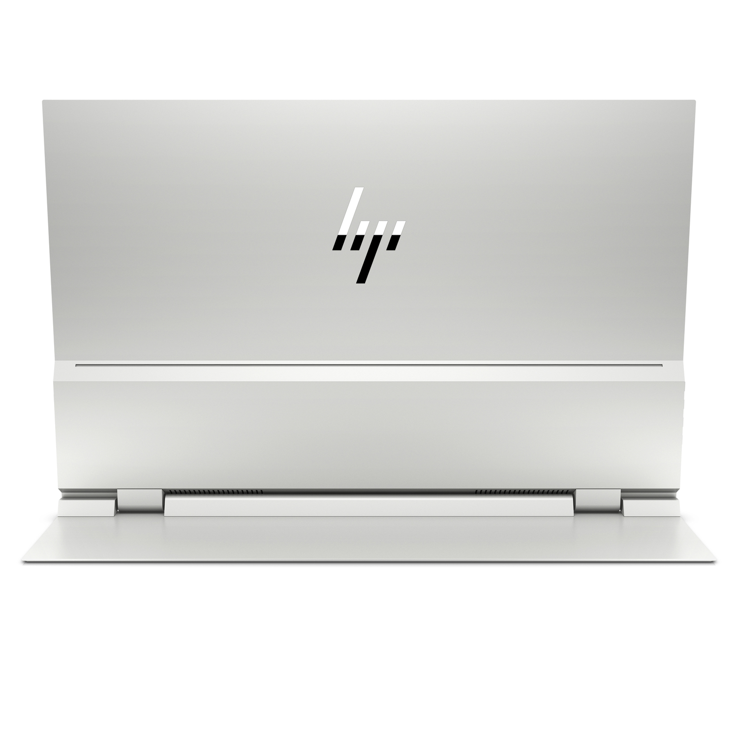 Silver HP laptop, opened. The bottom part is visible with the hinge. The back is white with the HP logo.