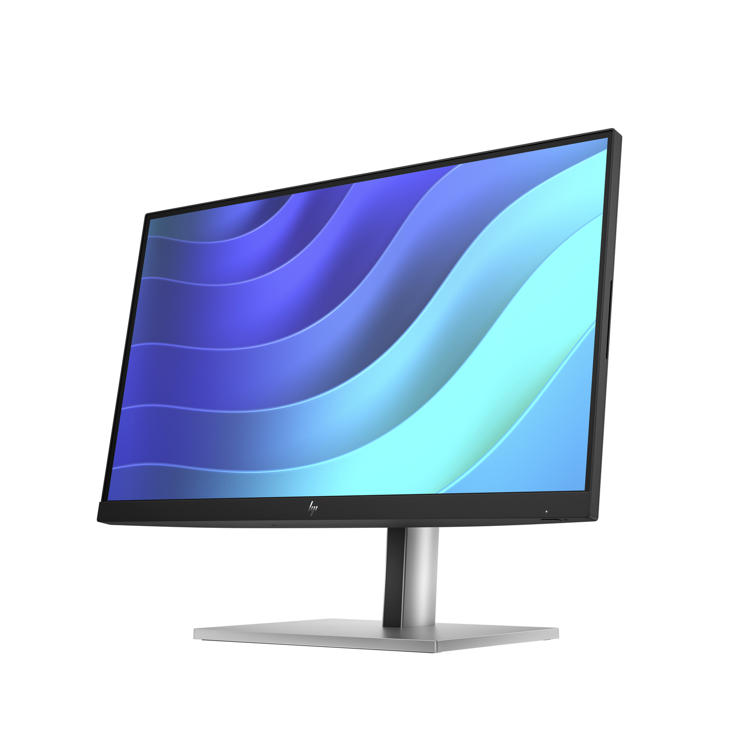 Monitor met een blauw en turquoise golfpatroon, en een zilveren standaard.