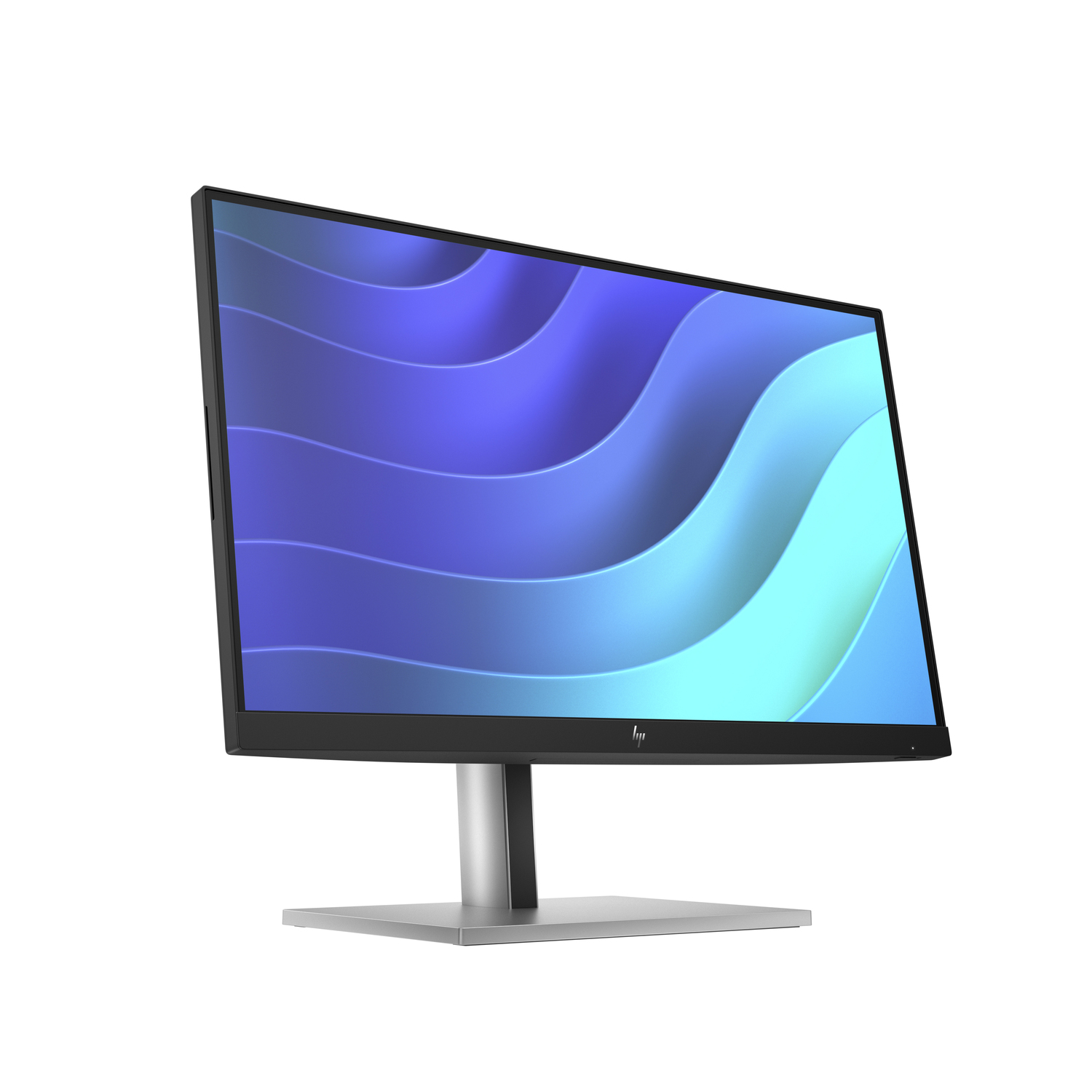Monitor met zwart frame, zilveren voet en scherm met blauwe en paarse golven.