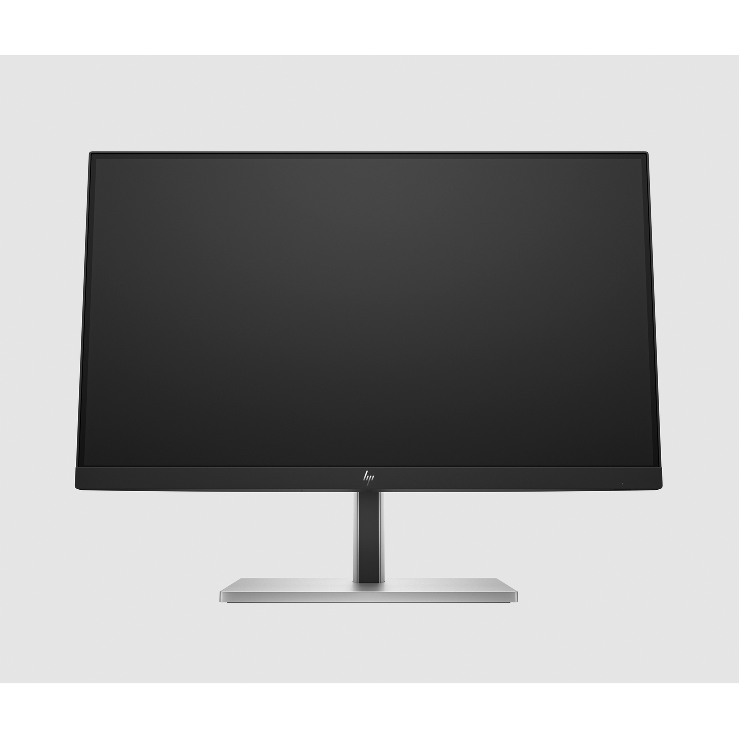 Een zwarte computermonitor op een zilveren standaard, tegen een witte achtergrond.