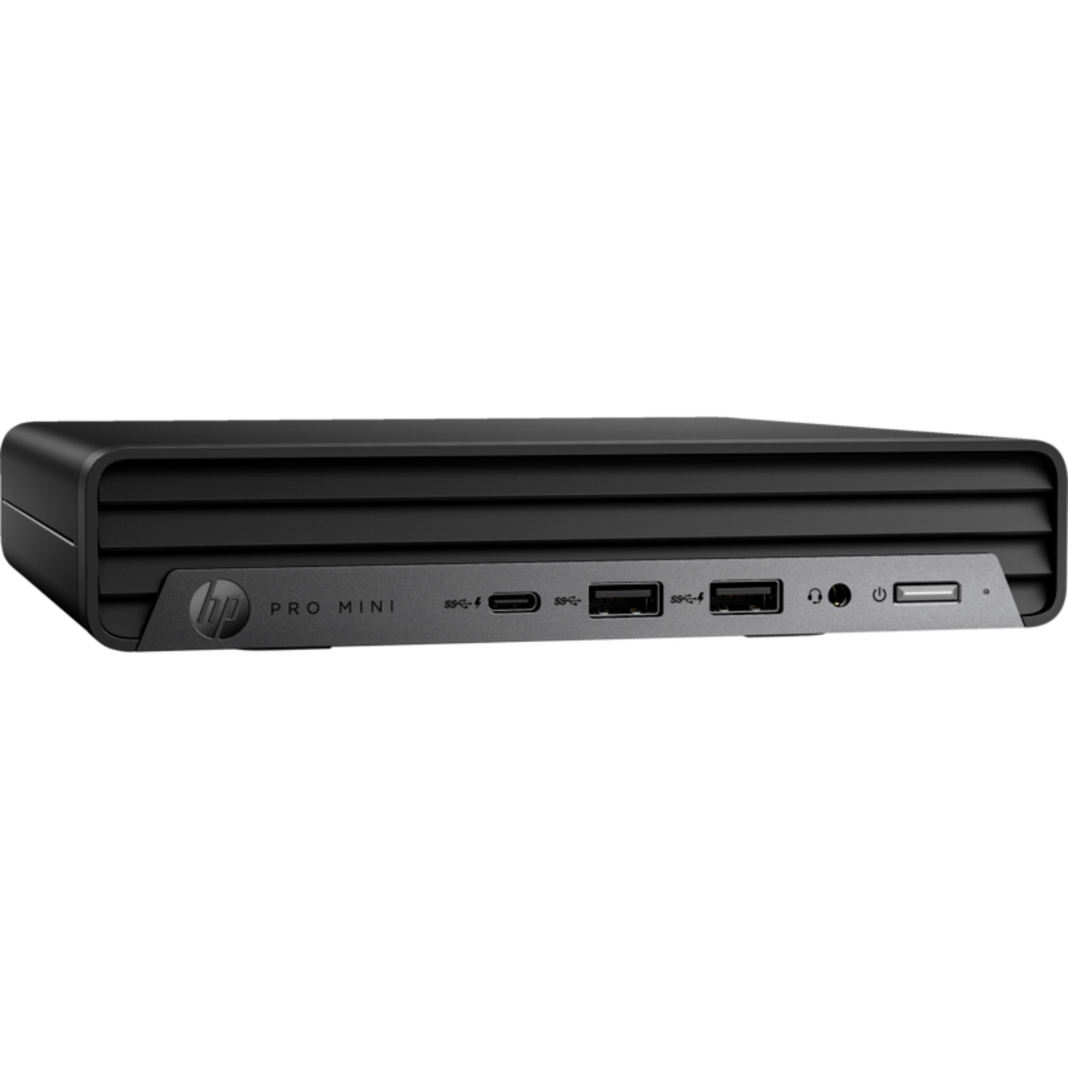 Zwarte HP Pro Mini desktopcomputer, met poorten, op een witte achtergrond.