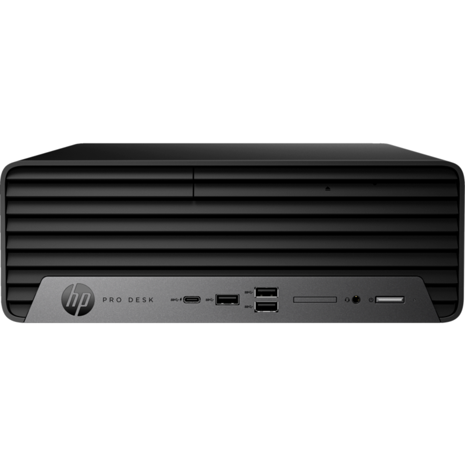 Zwarte HP Pro Desk-computer. Het heeft meerdere USB-poorten en andere poorten.