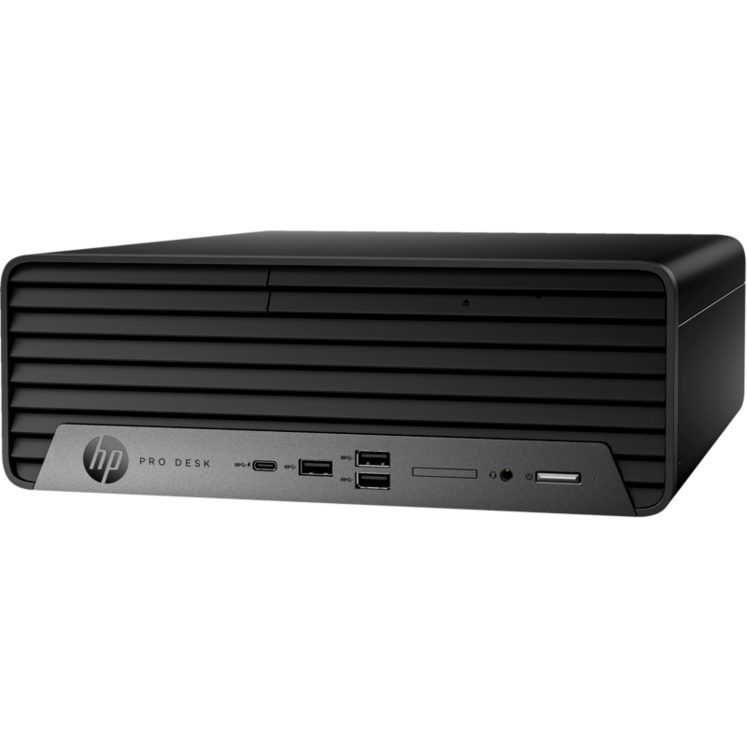 Zwarte HP ProDesk desktopcomputer. Heeft een zilveren HP-logo op de voorkant.