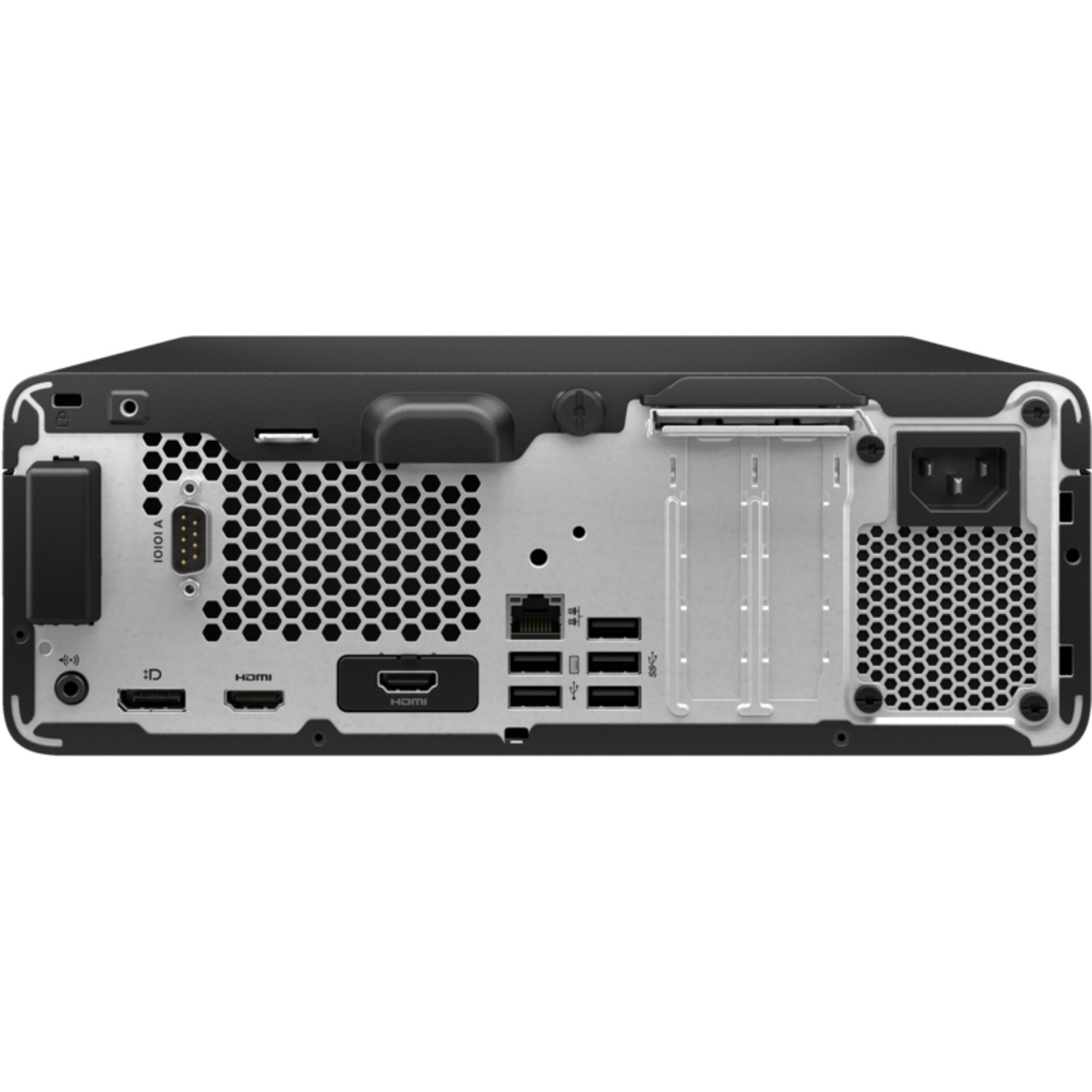 Achteraanzicht van een zwarte HP desktopcomputer met diverse poorten en ventilatieopeningen, tegen een witte achtergrond.