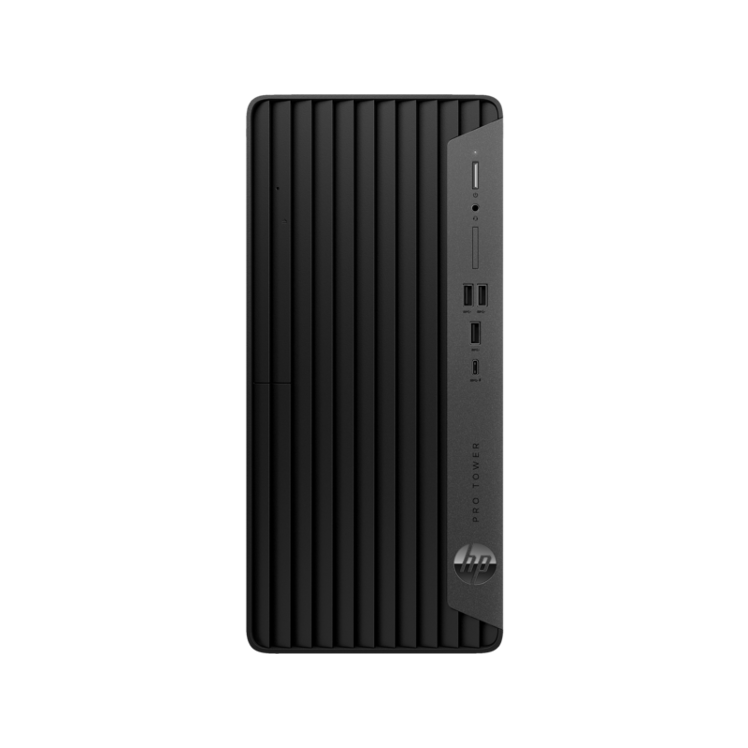 Zwarte HP Pro Tower pc. Het heeft een zwart voorpaneel met verticale lijnen.