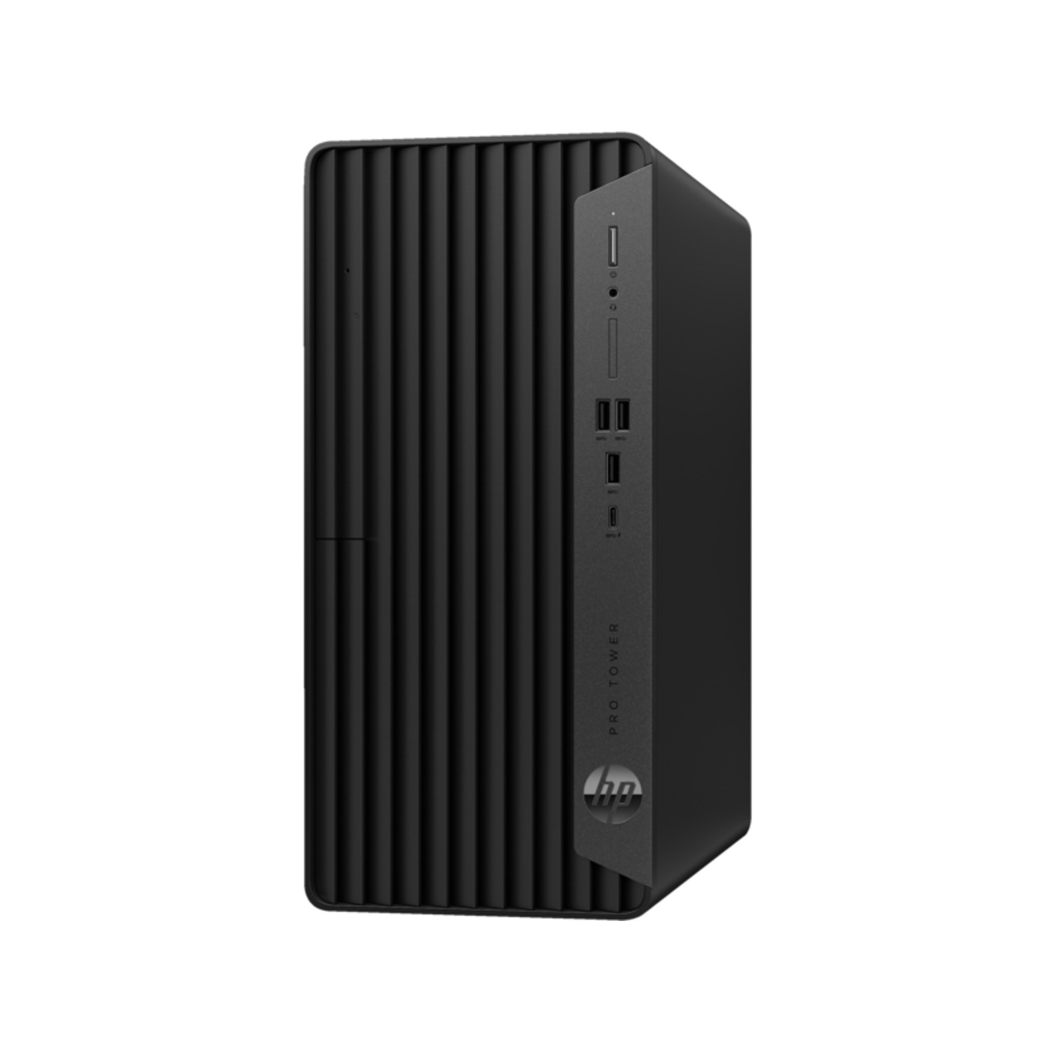 Zwarte HP Pro Tower desktopcomputer. Het heeft verticale lijnen aan de voorkant en het HP-logo.