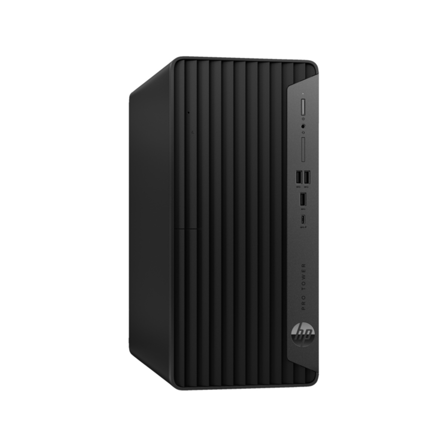 Zwarte desktopcomputertoren. Het HP-logo staat op de voorkant. De achtergrond is effen wit.