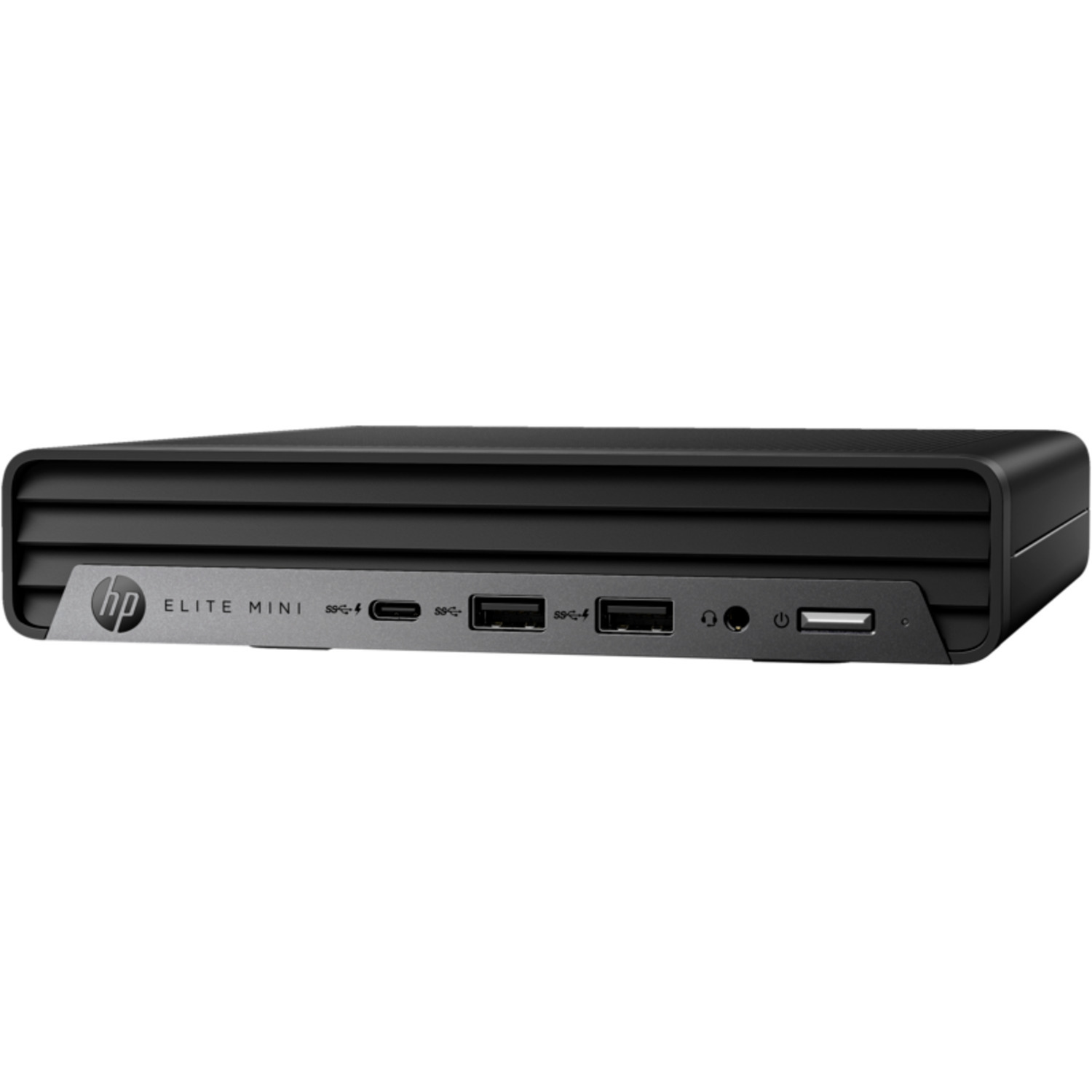Een zwarte HP Elite Mini desktopcomputer met poorten, op een witte achtergrond.