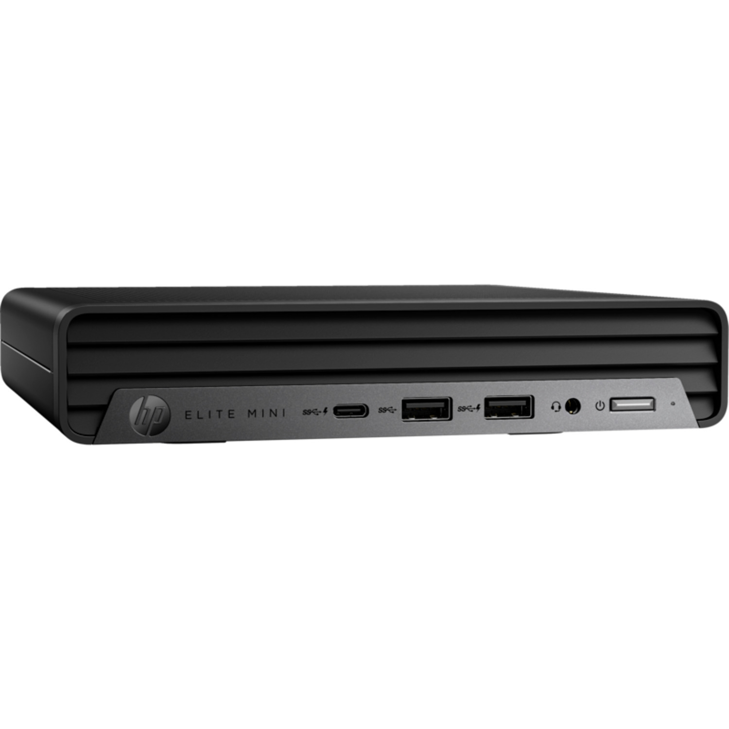Een zwarte HP Elite Mini desktopcomputer, vooraanzicht met poorten.
