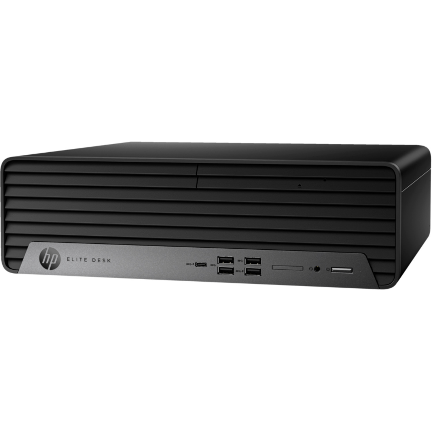 Zwarte HP EliteDesk computer op een witte achtergrond.