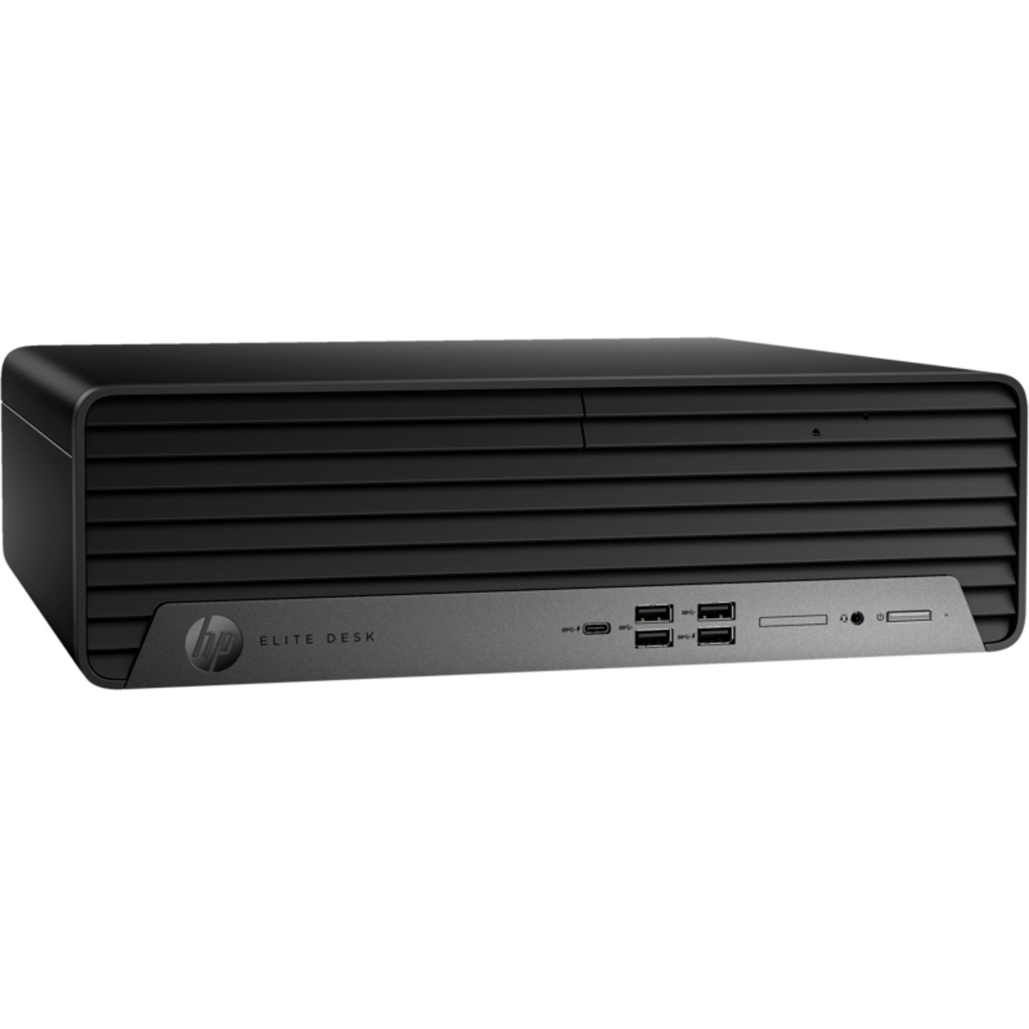 Zwarte HP EliteDesk computer, vooraanzicht, met poorten en logo.