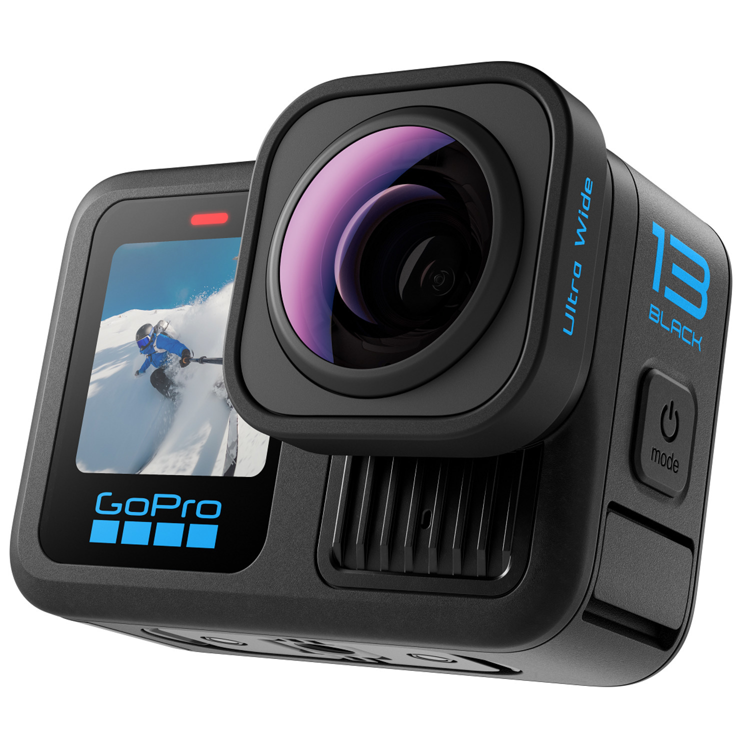 Caméra GoPro noire avec objectif, écran et boutons. L'écran montre un skieur.
