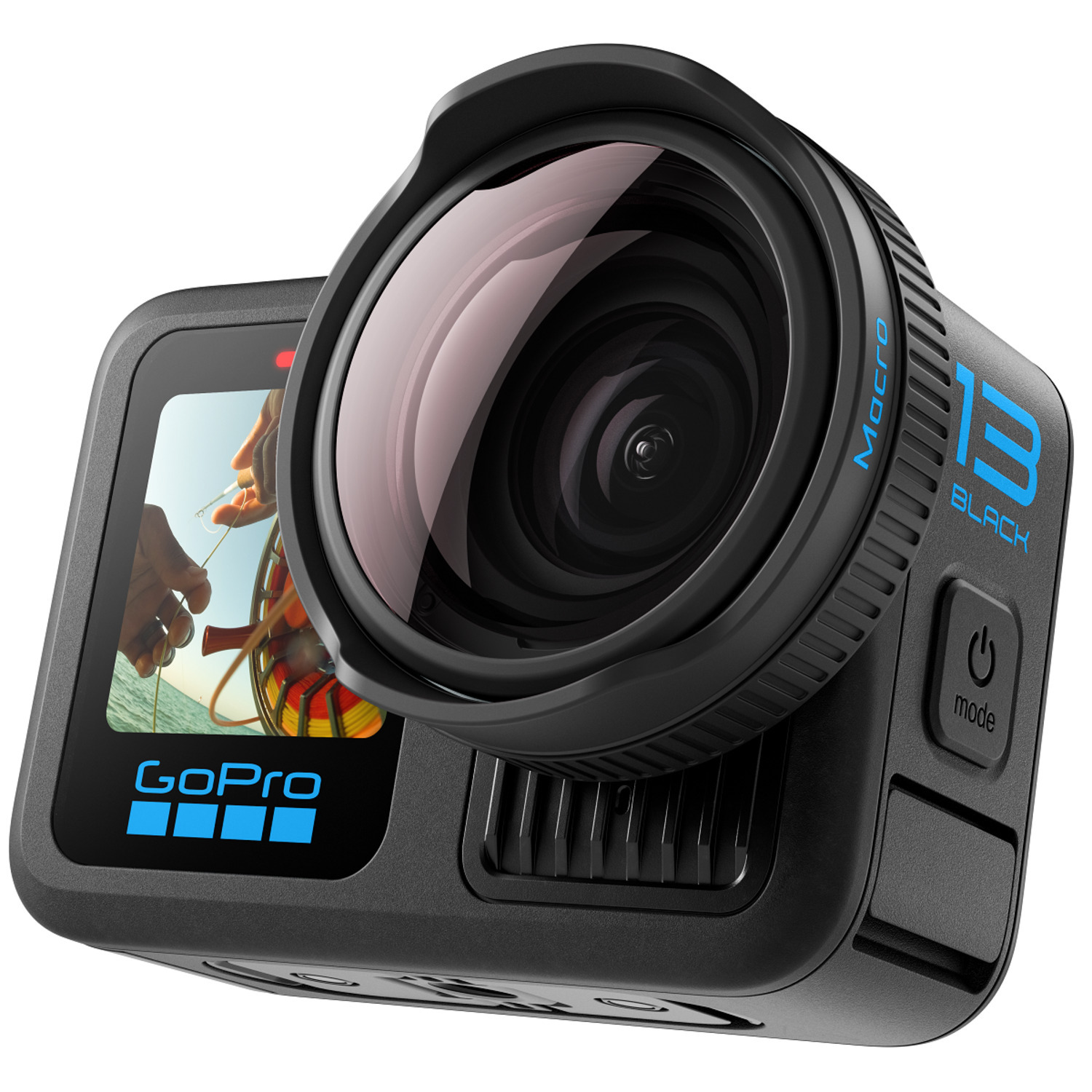 Black GoPro camera with a lens. The lens is in focus. White background.