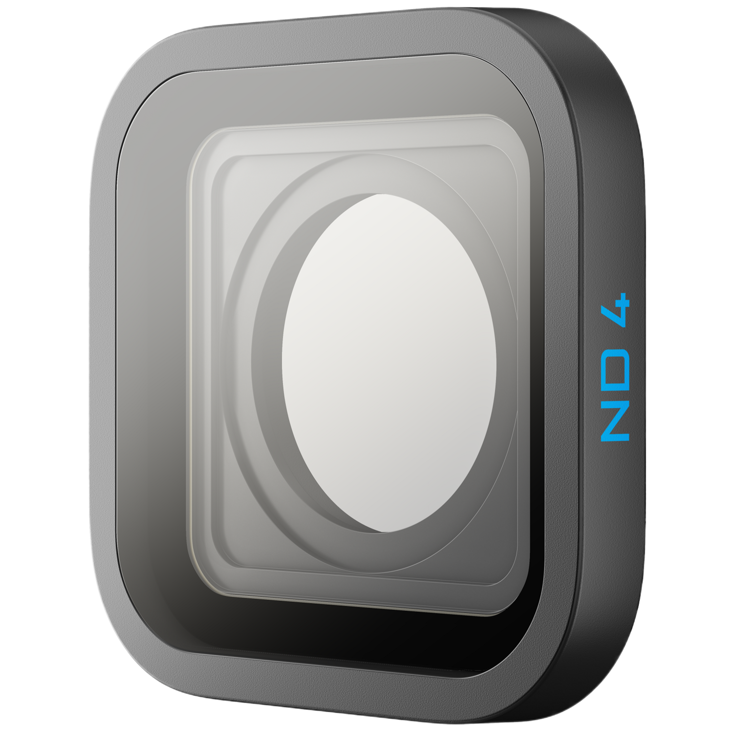 Een vierkant, grijs lensfilter met een witte cirkel en de tekst 'ND 4'.