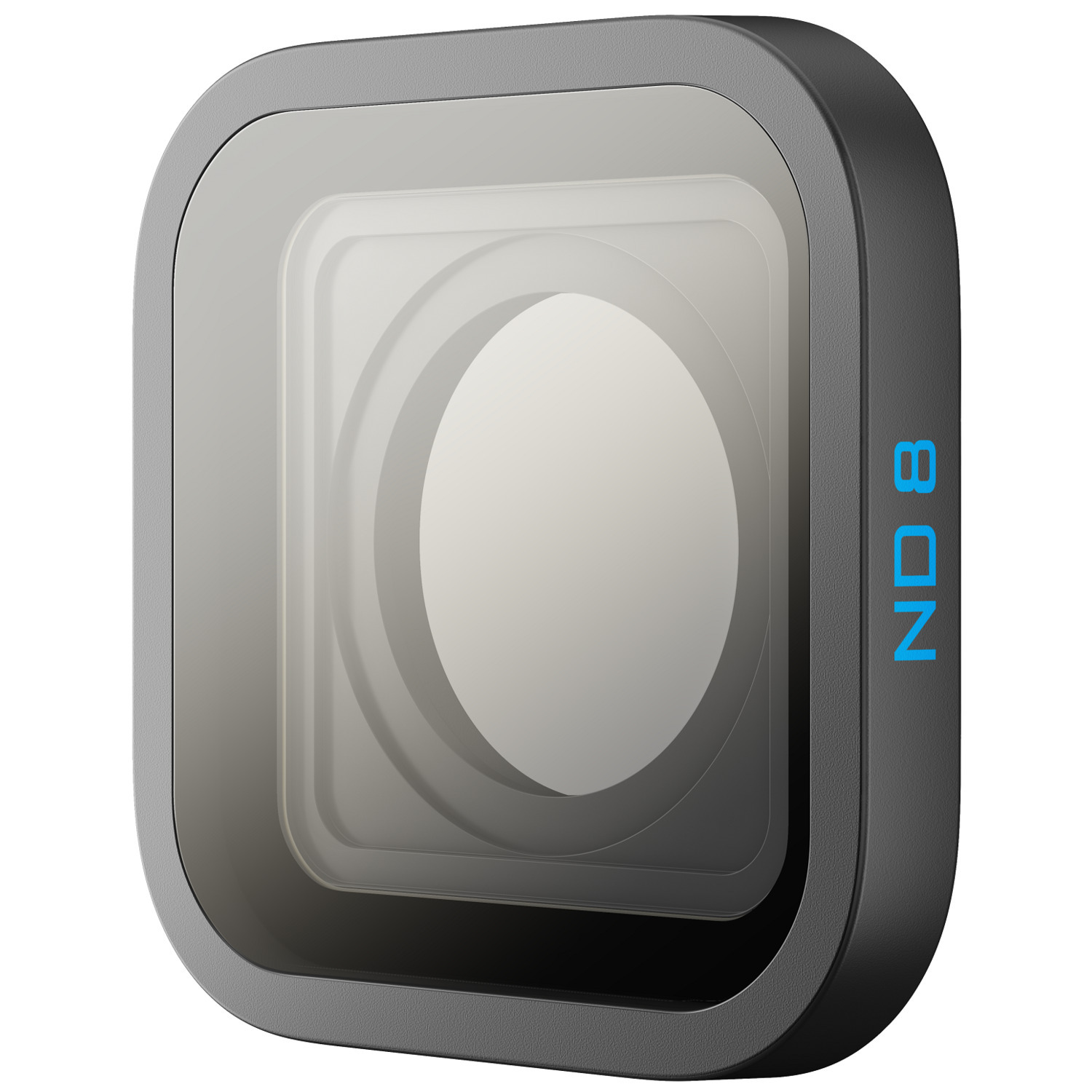 Zwart vierkant cameralensfilter met 'ND 8' label in blauw.