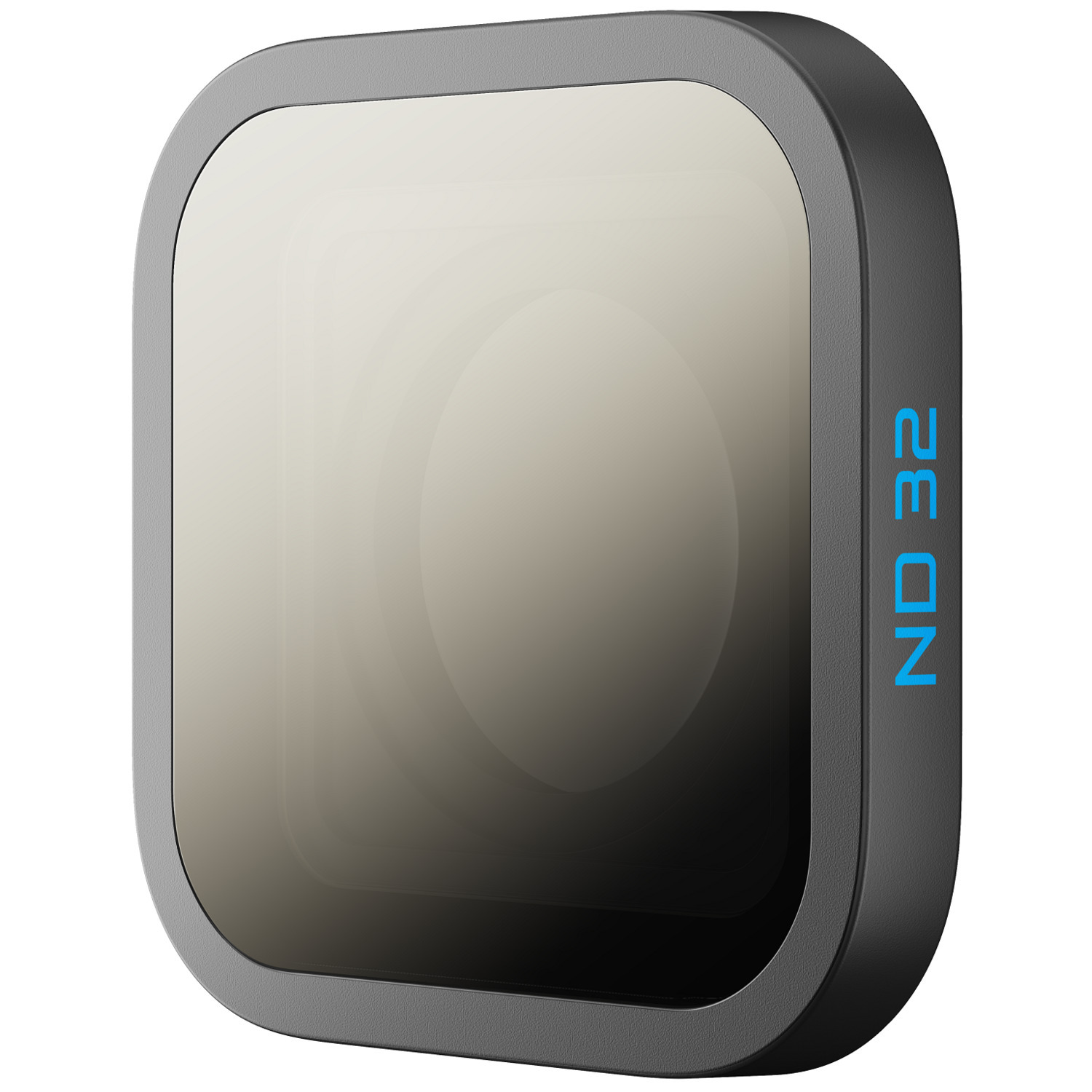 Vierkant zwart cameralensfilter met 'ND 32' in blauwe tekst.