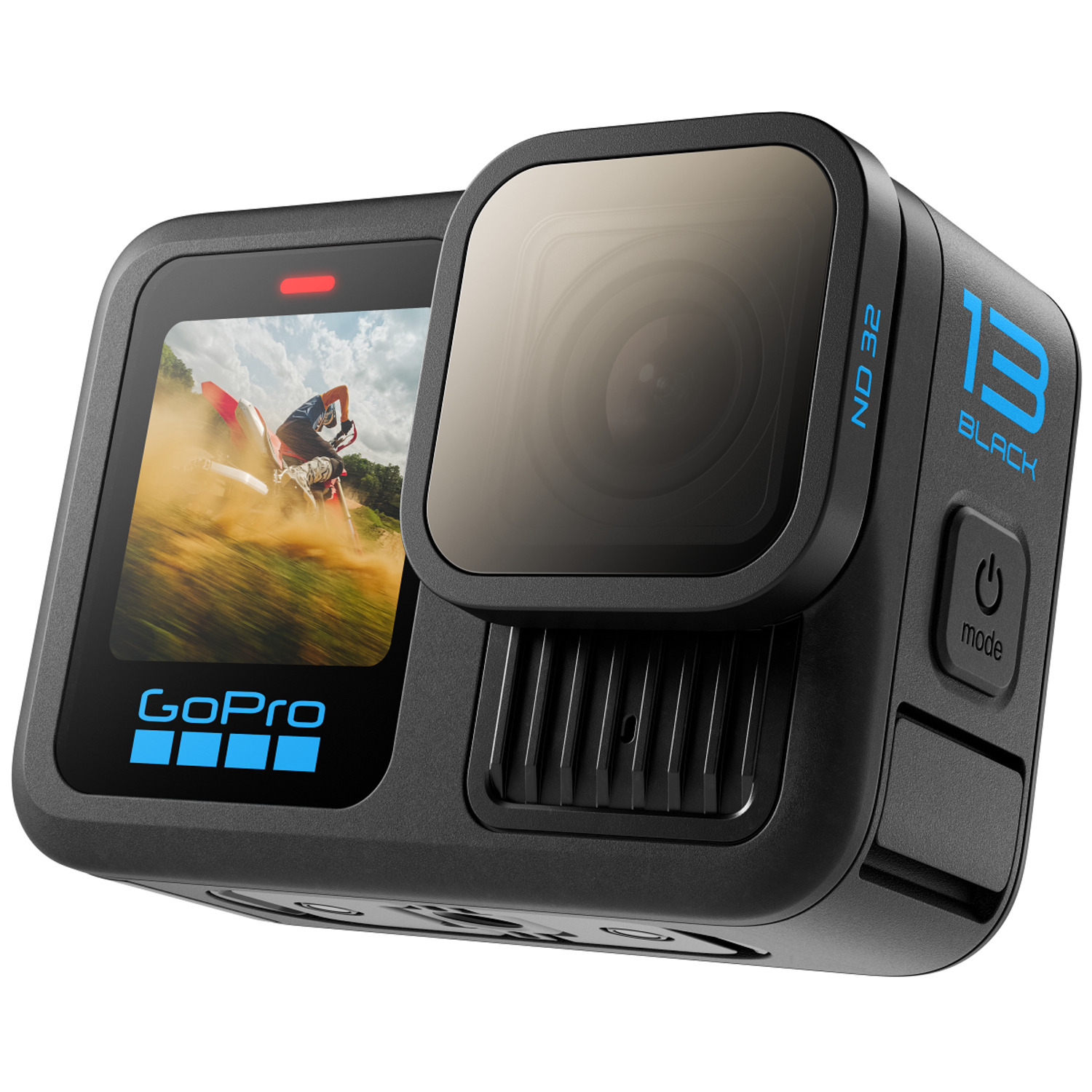 Zwarte GoPro actiecamera. Toont een sportscène op het scherm. Blauwe accenten.