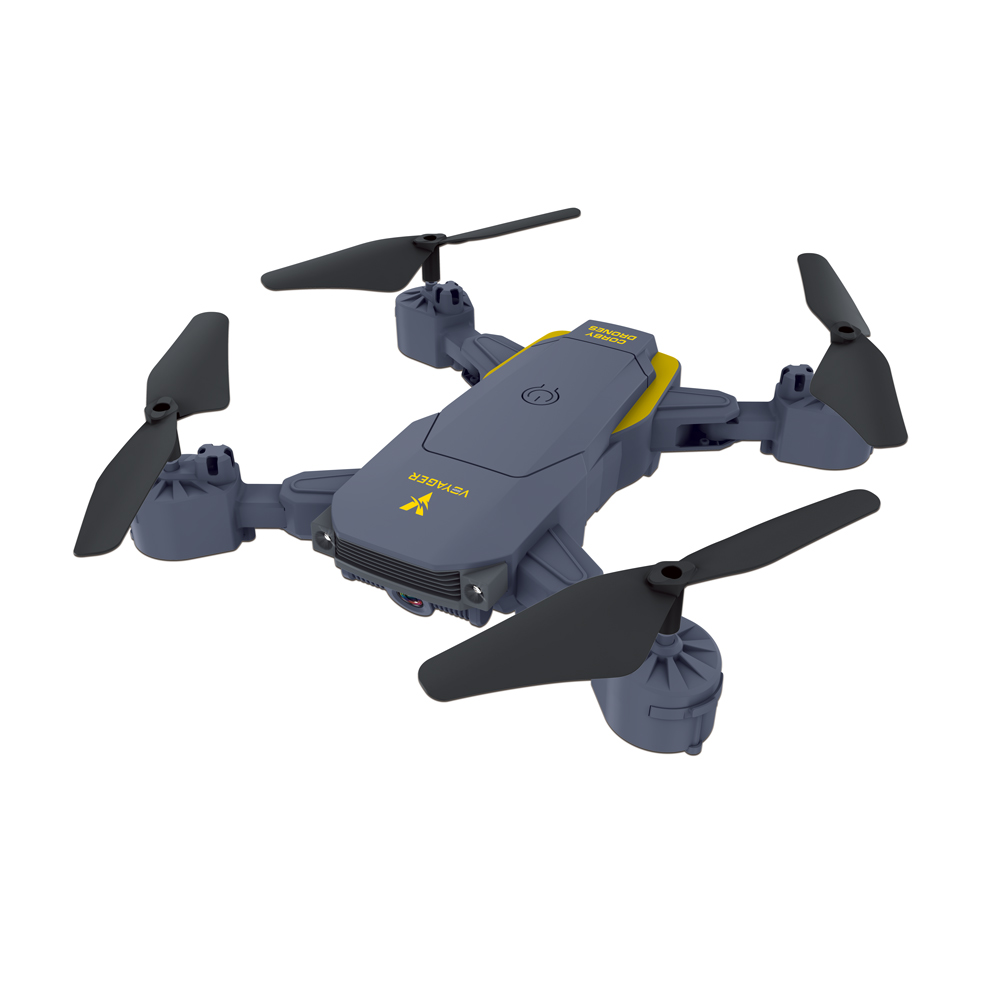 Dört pervaneli, Voyager etiketli gri ve sarı bir drone.