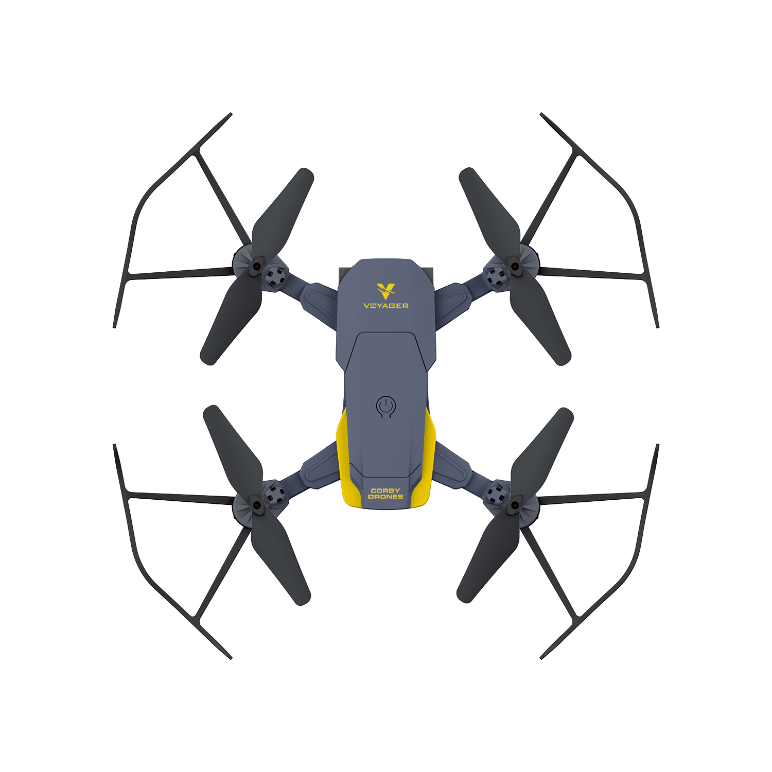 Beyaz bir arka plan üzerinde pervaneleri olan gri ve sarı bir drone.