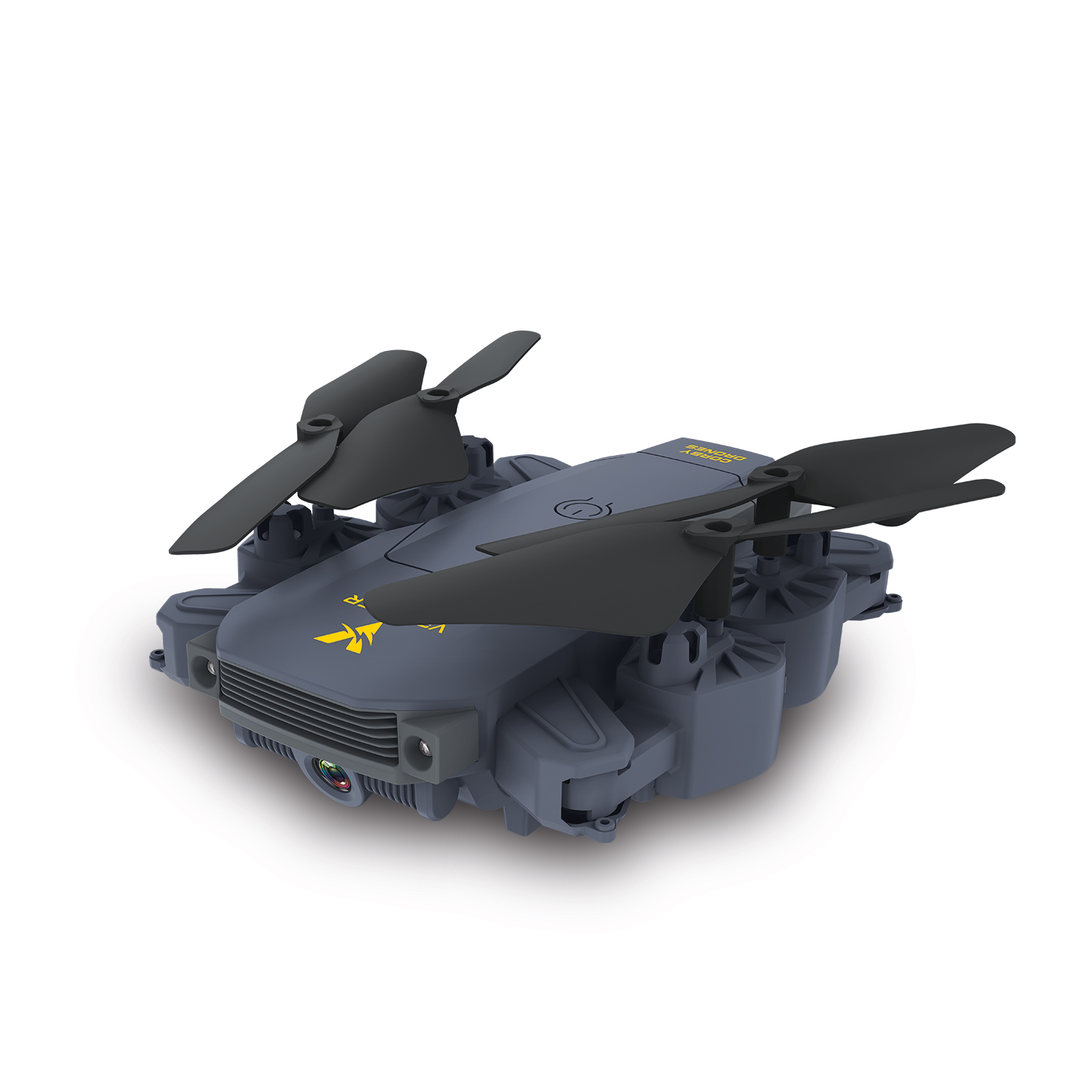 Gri drone, pervaneler, kamera ve sarı logo, beyaz zemin.