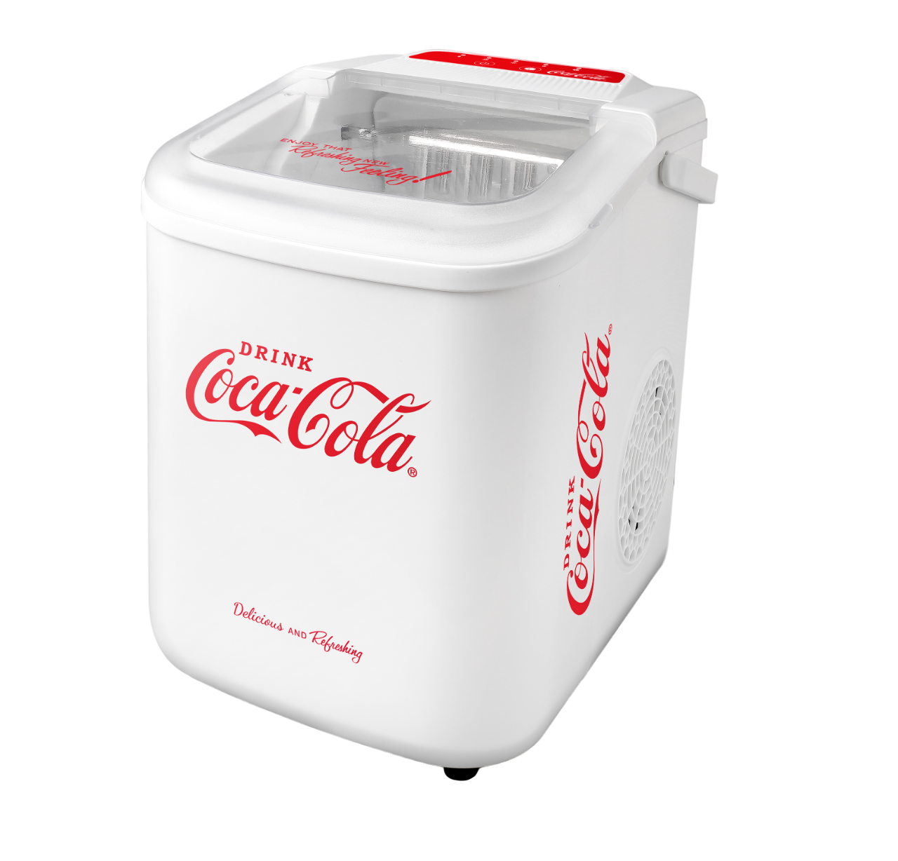 Weißer Coca-Cola Eisbereiter mit roten Coca-Cola Logos. Es steht 'Delicious and Refreshing'.