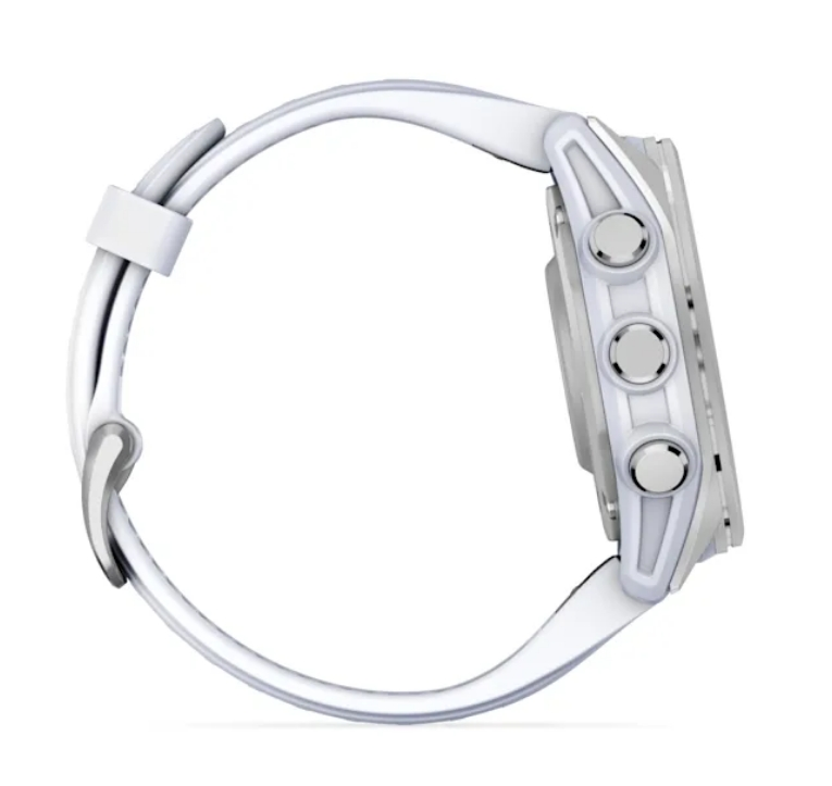 Biały smartwatch Garmin z białym paskiem, widok z boku, na białym tle.
