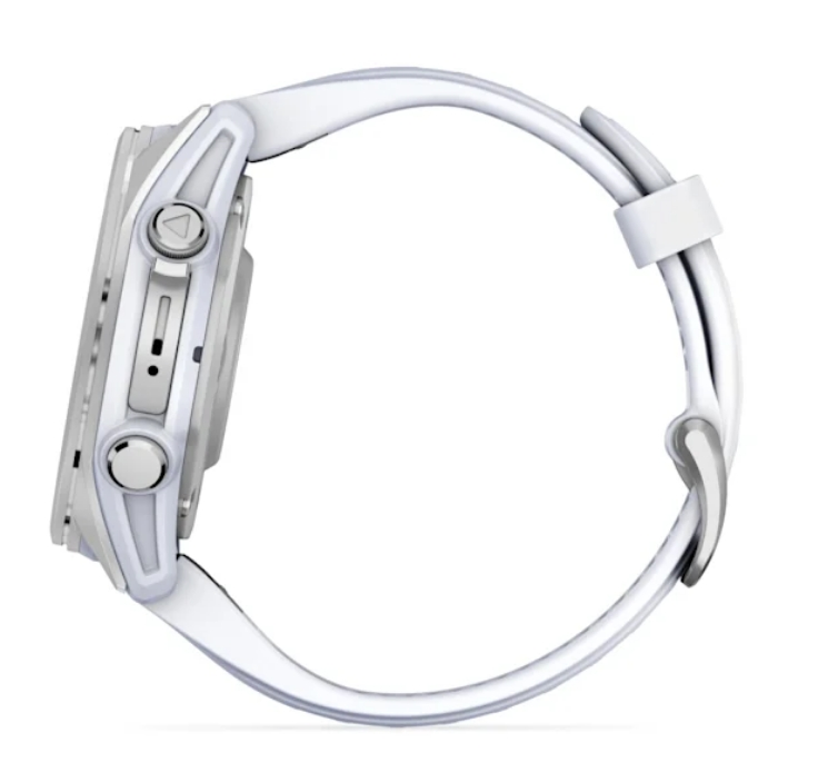 Biały smartwatch z białym paskiem, widok z boku, pokazujący szczegóły urządzenia.