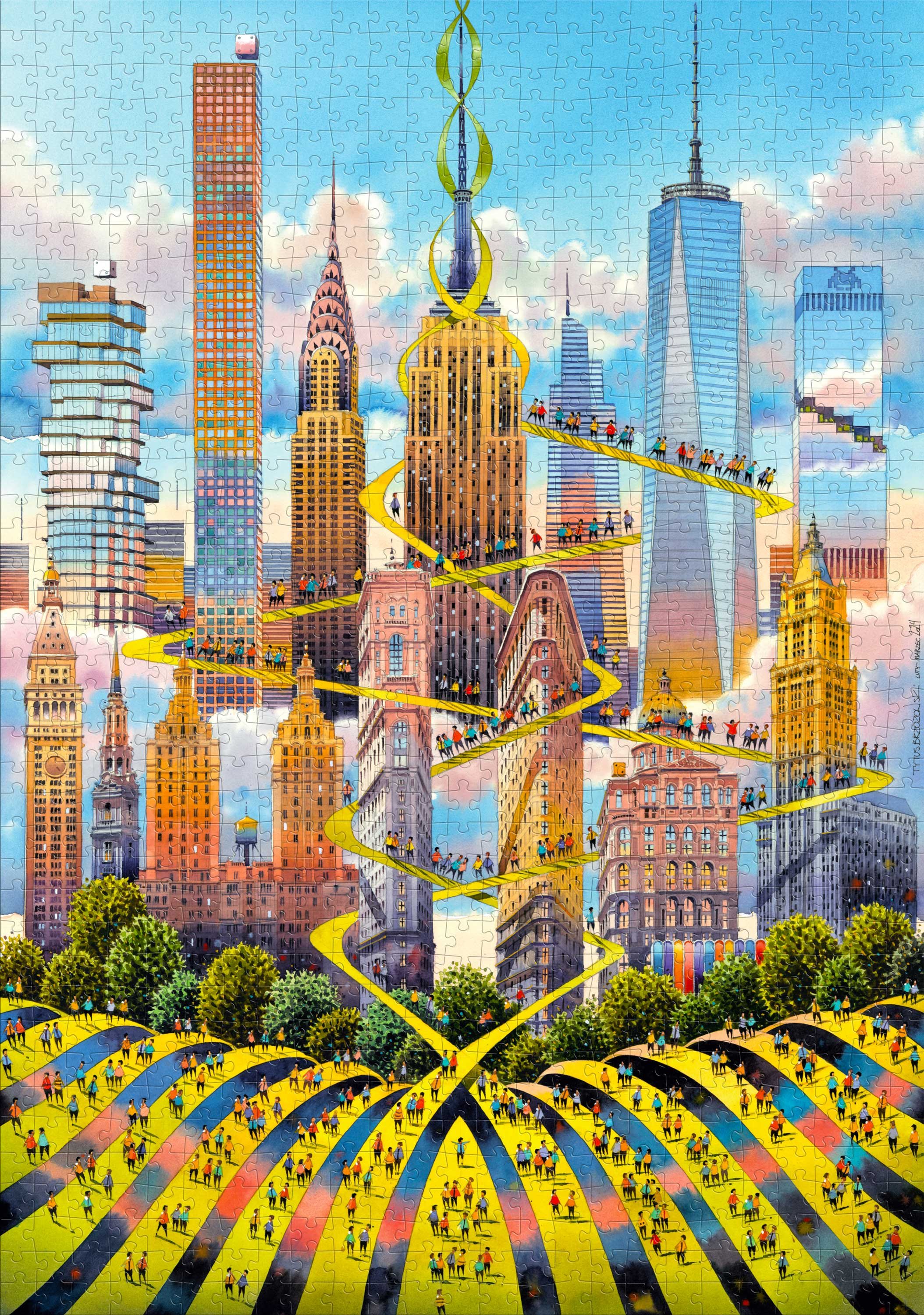 New York City puzzle. Felhőkarcolók kanyargó sárga utakkal, emberek sétálnak rajtuk. Zöld fák alul.