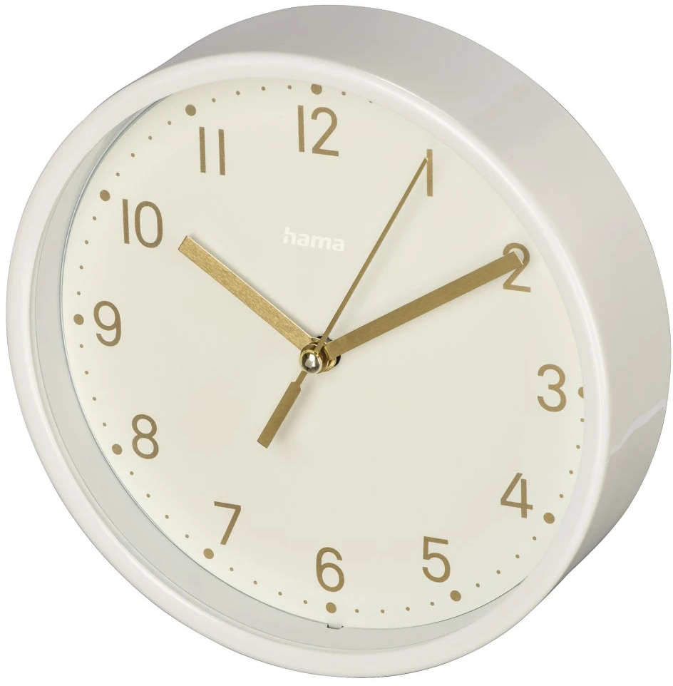 Un orologio analogico bianco con lancette dorate, che indica l'ora.