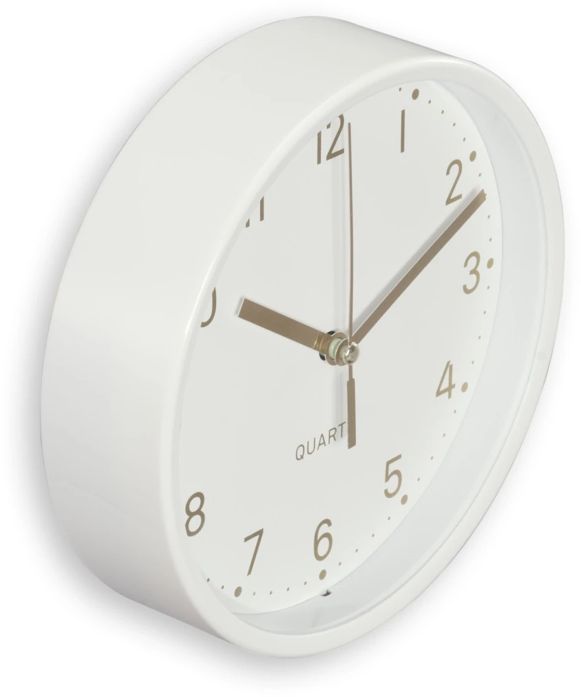 Orologio da parete bianco, vista angolata. Il quadrante mostra le due e dieci.