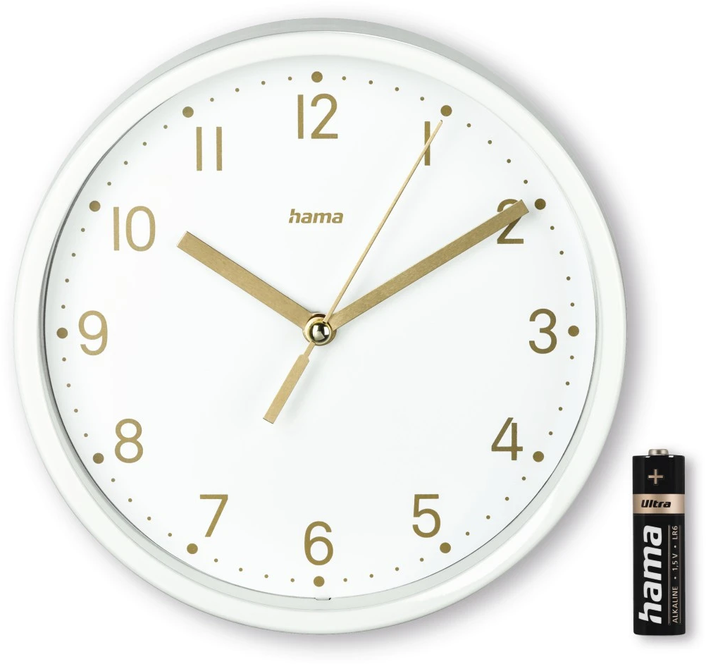 Orologio da parete bianco con numeri e lancette dorate e una batteria a destra.