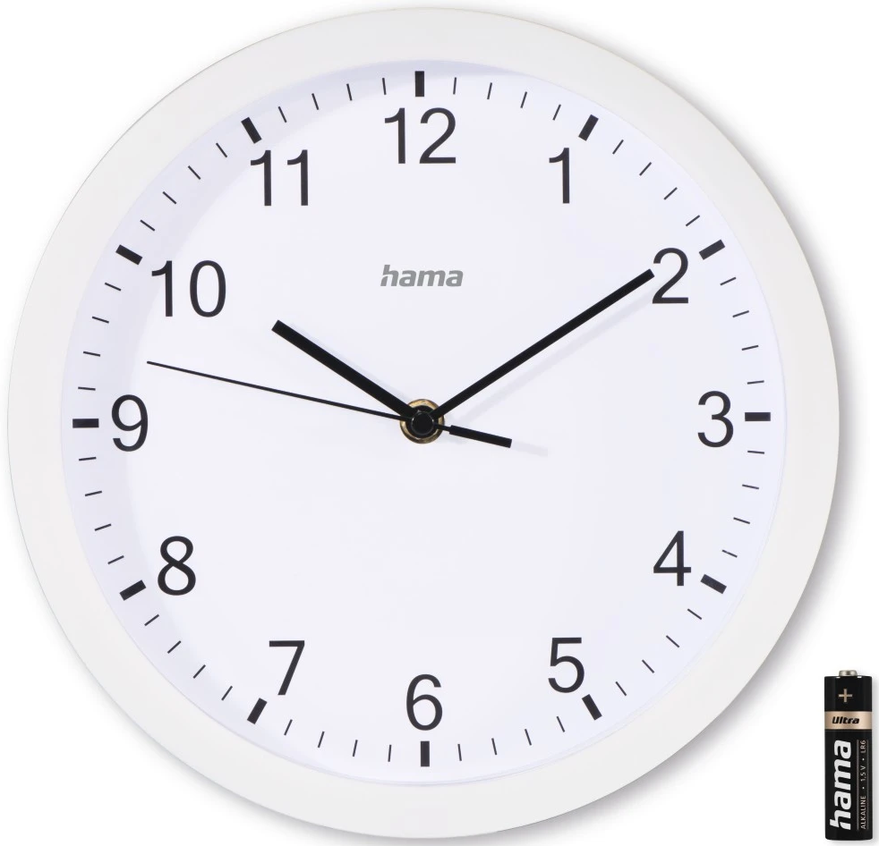 Orologio bianco con lancette nere, quadrante bianco, numeri neri e una batteria.