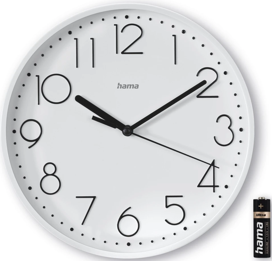 Weiße Uhr mit schwarzen Zahlen und Zeigern, mit Batterie.
