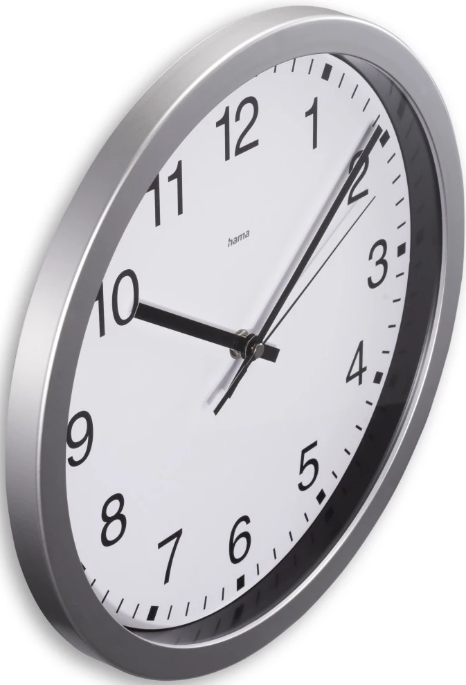 Eine silberne Wanduhr, die 10:08 Uhr anzeigt.