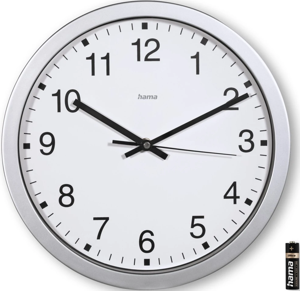 Runde Wanduhr mit silbernem Rahmen, weißem Zifferblatt und schwarzen Zeigern und Zahlen.
