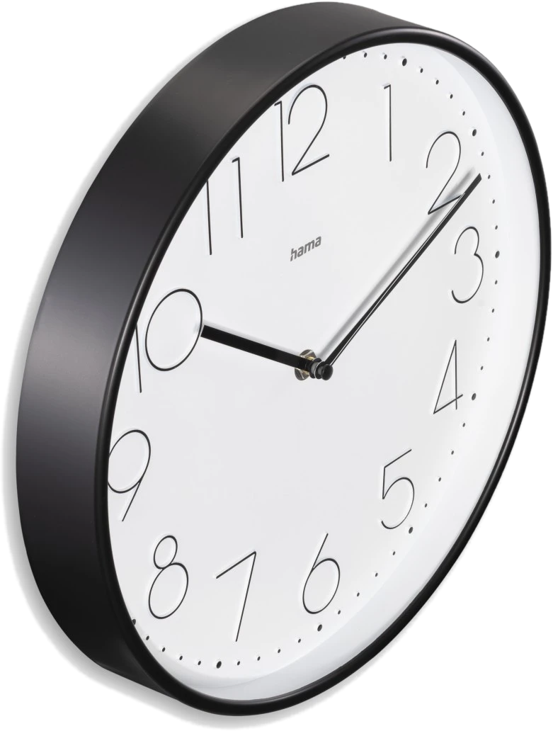 Schwarz-weiße Uhr mit Zahlen am Rand.