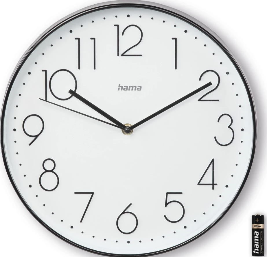 Weisse Uhr mit schwarzen Zahlen und Zeigern, beschriftet 'hama'.