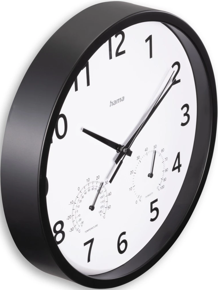 Eine schwarz-weiße analoge Wanduhr mit Temperatur- und Feuchtigkeitsmessgeräten.