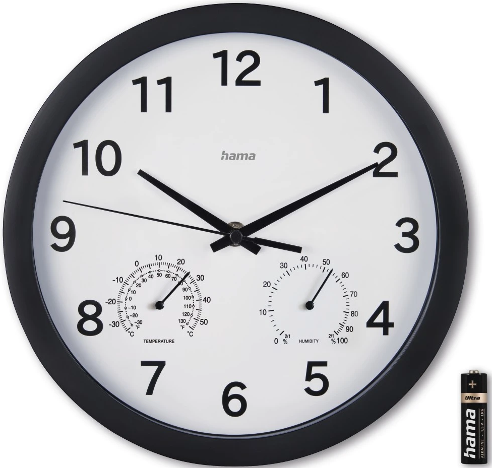 Uhr mit weißem Zifferblatt und schwarzem Rahmen. Temperatur- und Feuchtigkeitsmesser.