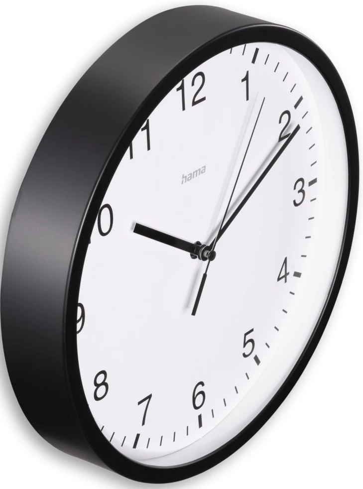 Schwarze Uhr mit weißem Zifferblatt, schwarzen Zahlen und Zeigern. Von der Seite.