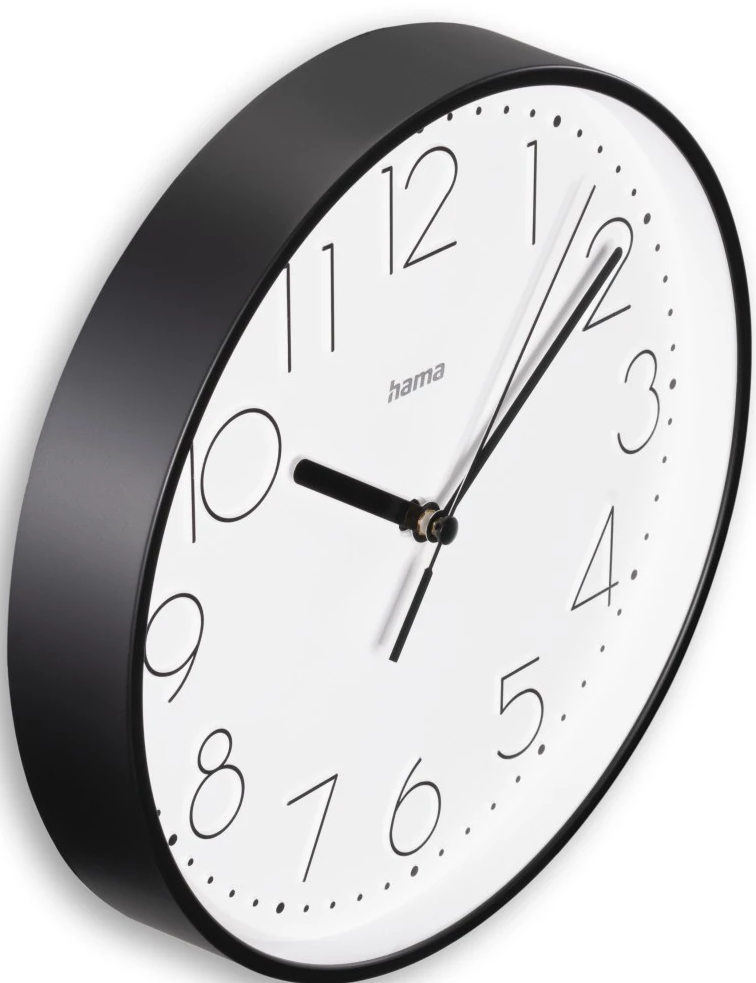 Eine schwarz gerahmte weiße Uhr mit schwarzen Zeigern, nach links abgewinkelt.