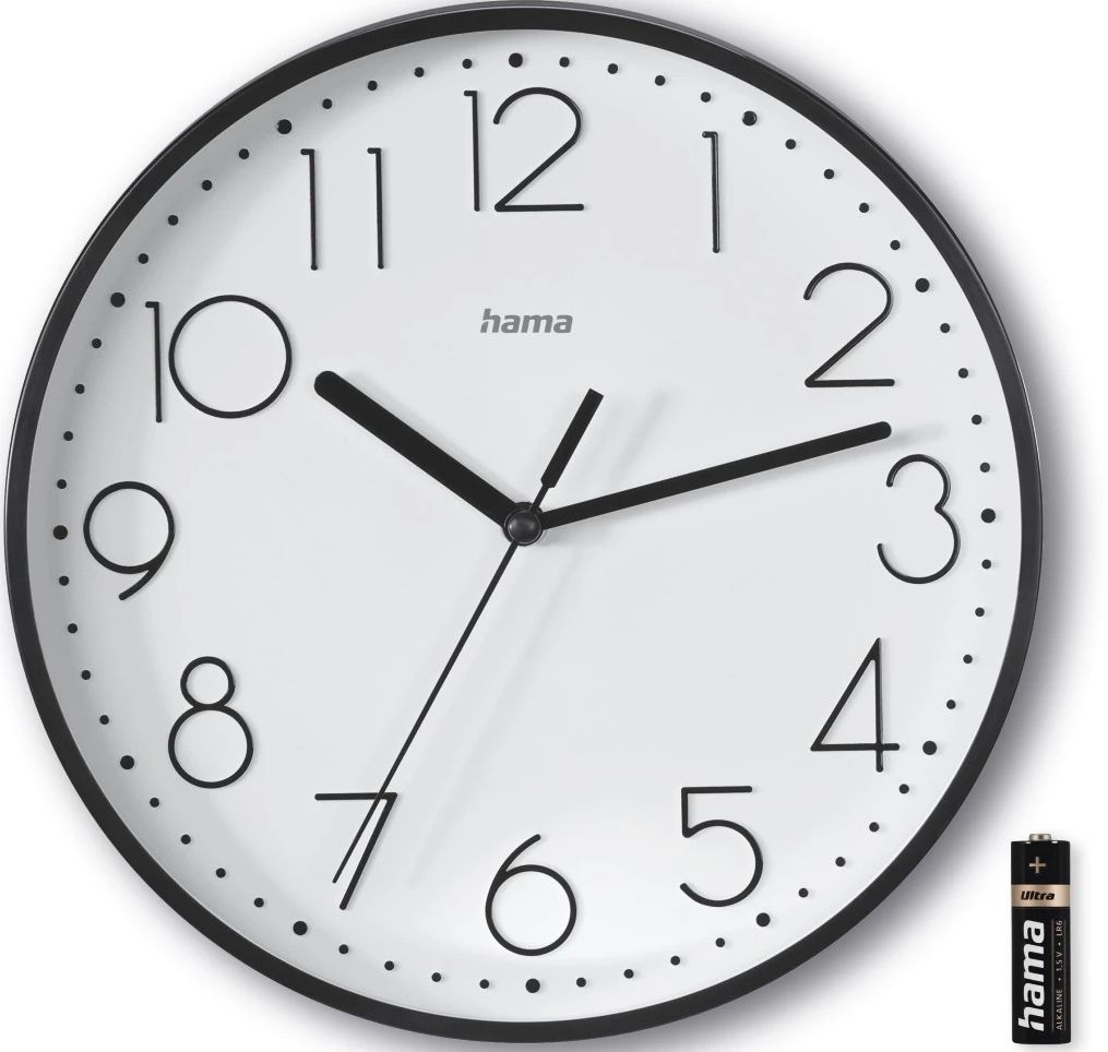 Runde Wanduhr mit schwarzem Rahmen, weißem Zifferblatt, schwarzen Zeigern und Zahlen. Eine Batterie rechts.