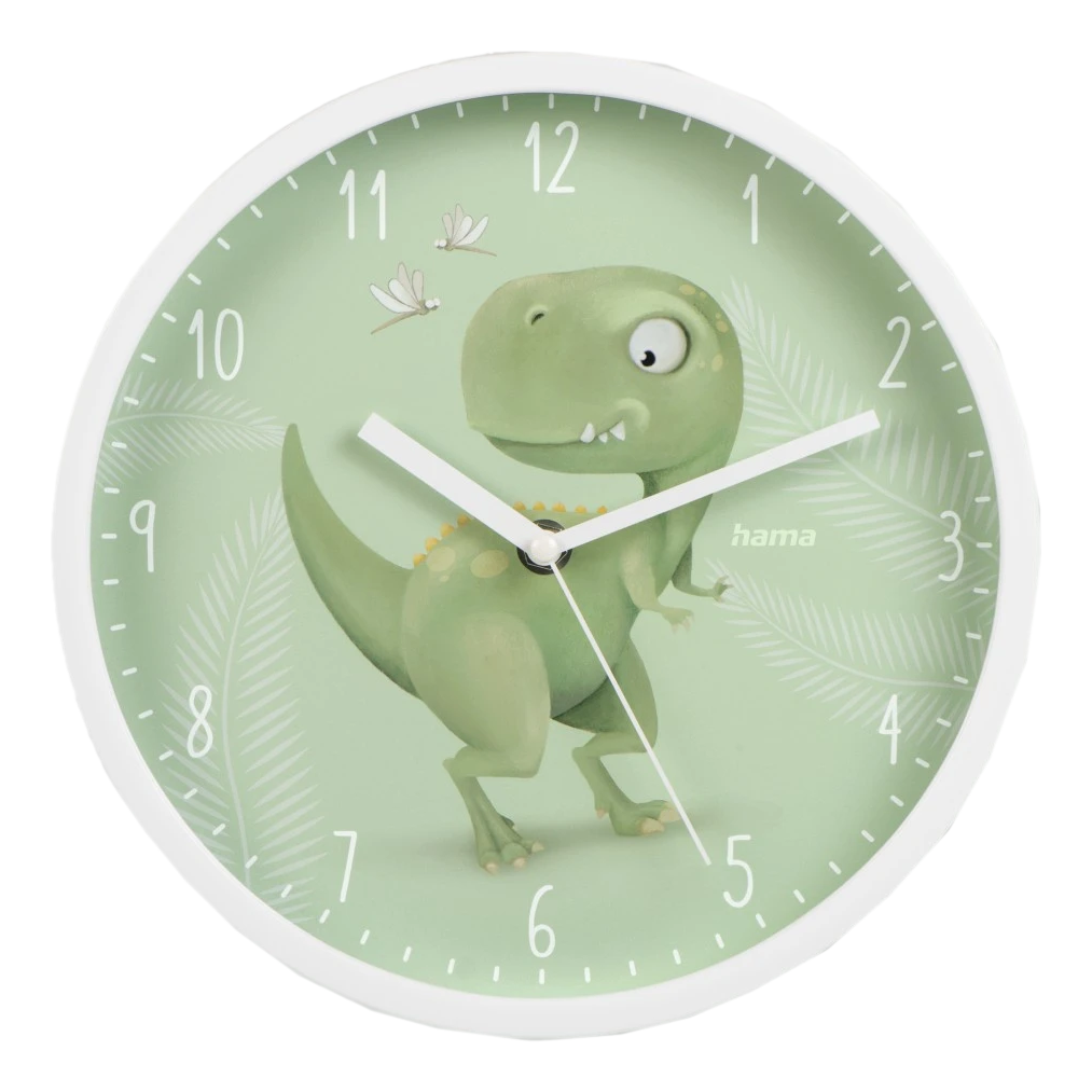 Grüne Dinosaurieruhr mit weißem Rahmen. Weiße Zeiger auf 1:50. Hintergrund hat grüne Blätter.