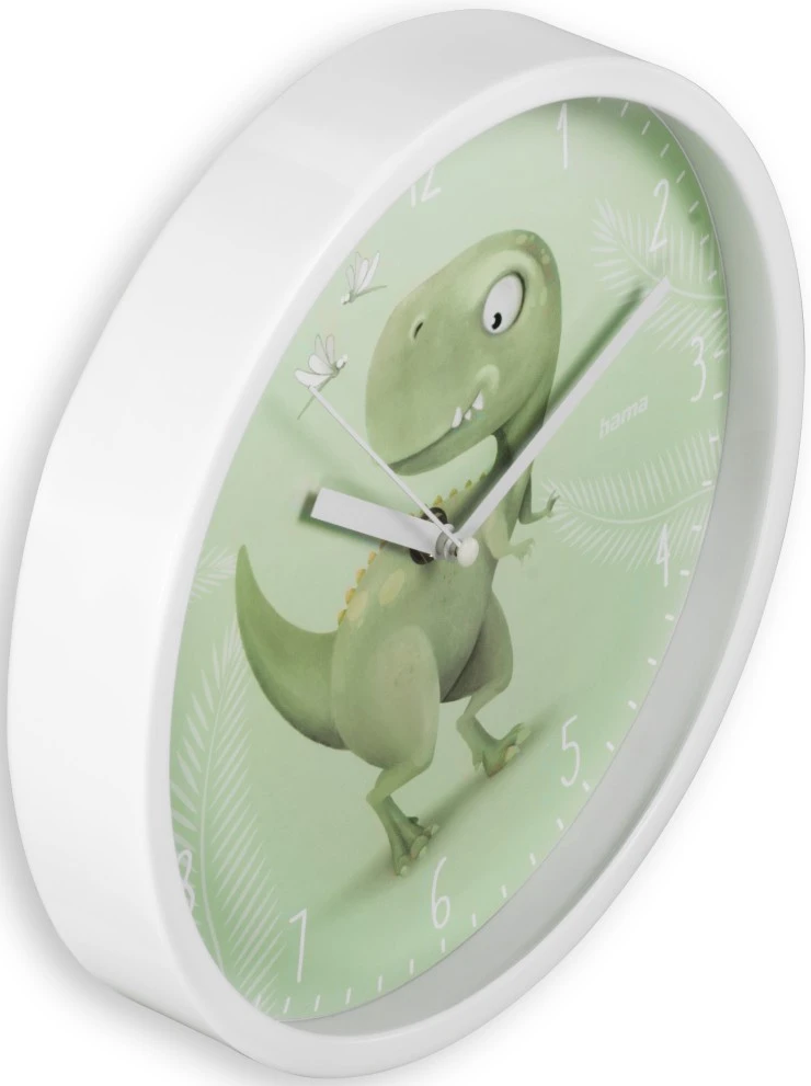 Eine weiße Uhr mit grünem Hintergrund, einem Dinosaurier-Cartoon und weißen Zeigern.