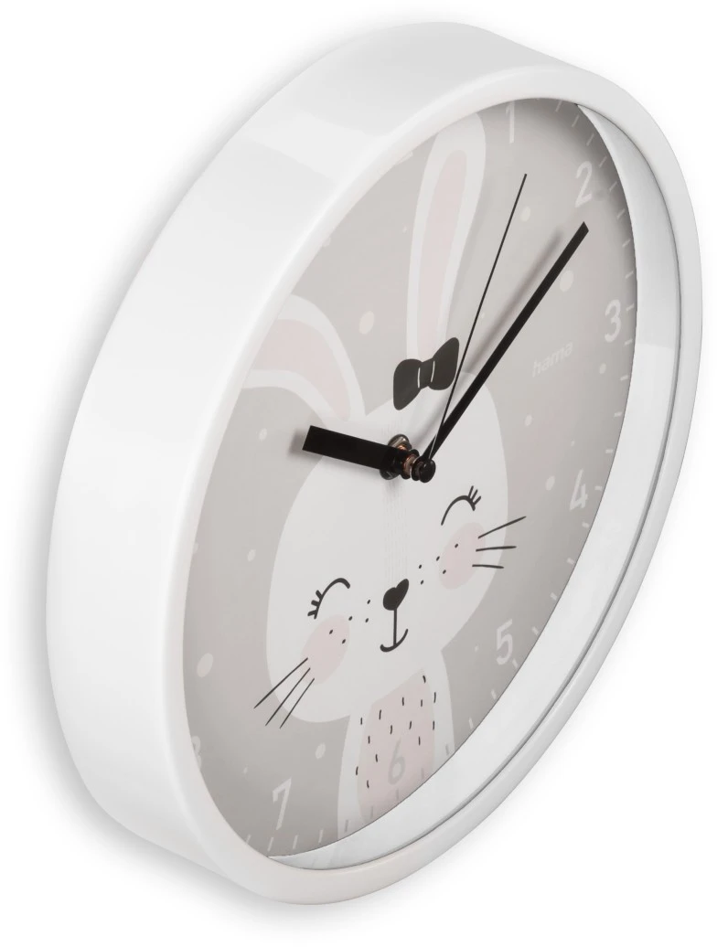 Weiße Uhr mit einem Cartoon-Hasengesicht darauf.