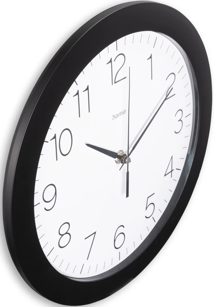 Schwarze Wanduhr mit weißem Zifferblatt. Zeiger zeigen auf 9:59. Schwarzer Rahmen, weißer Hintergrund.
