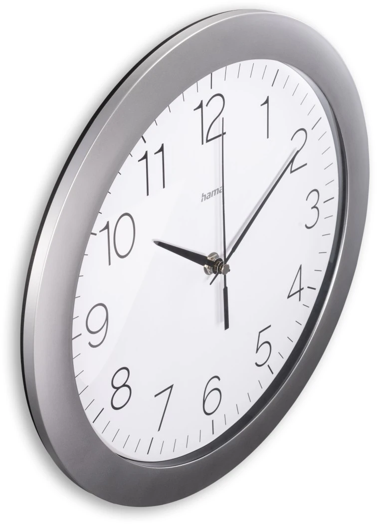 Silber gerahmte Wanduhr mit 9:59 Uhr. Zahlen und Zeiger sind schwarz auf weißem Zifferblatt. Marke Hama.