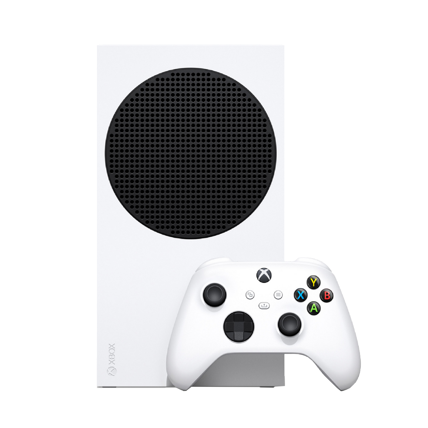 Consola Xbox Series S blanca y un mando blanco. La consola tiene una ventilación circular negra.