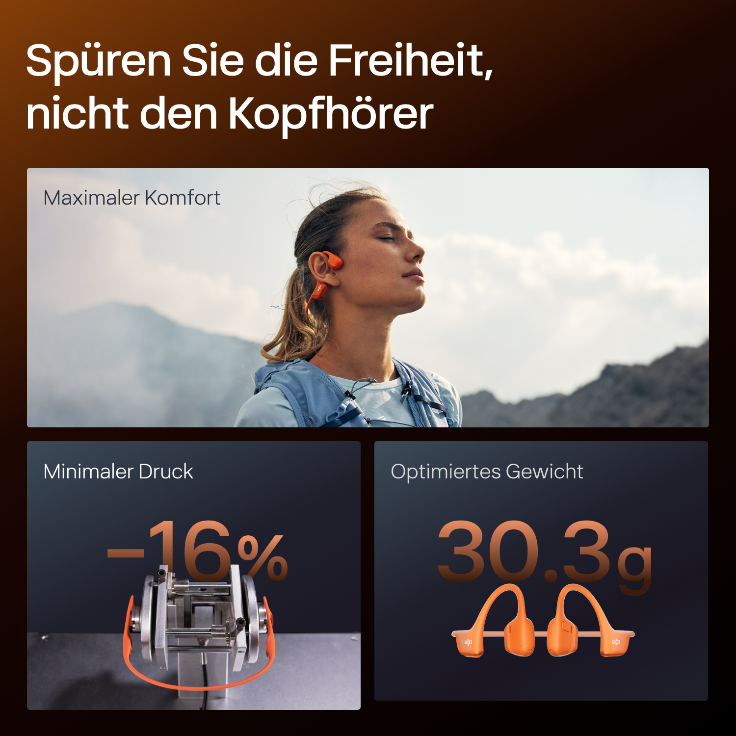 Frau mit orangefarbenen Kopfhörern, Berggrund. Unten werden ein Gerät mit -16% und Kopfhörer mit 30,3 g angezeigt.